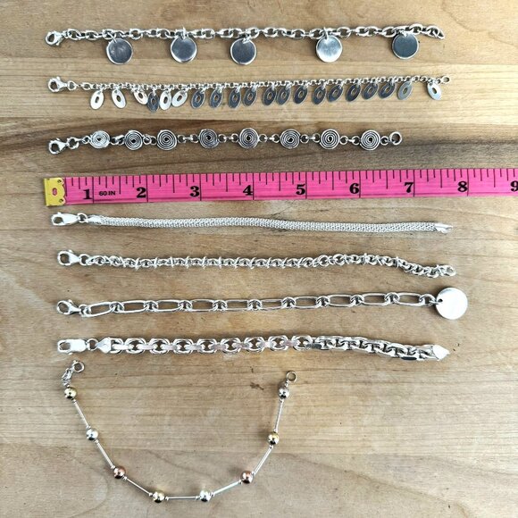 925 STERLING SILVER CHAIN CHARM BEADED BRACELETS - lot of 8 - 102g - Picture 3 of 12